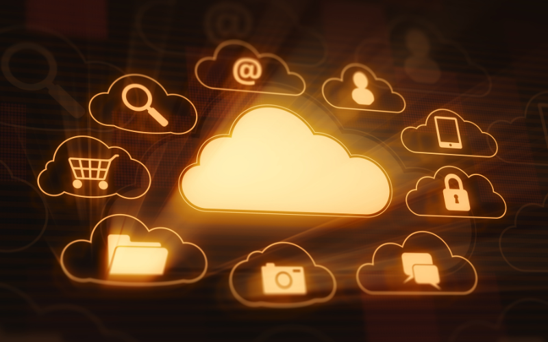 Graphic depicting cloud computing with glowing cloud icons and various symbols representing data, connectivity, and digital services.