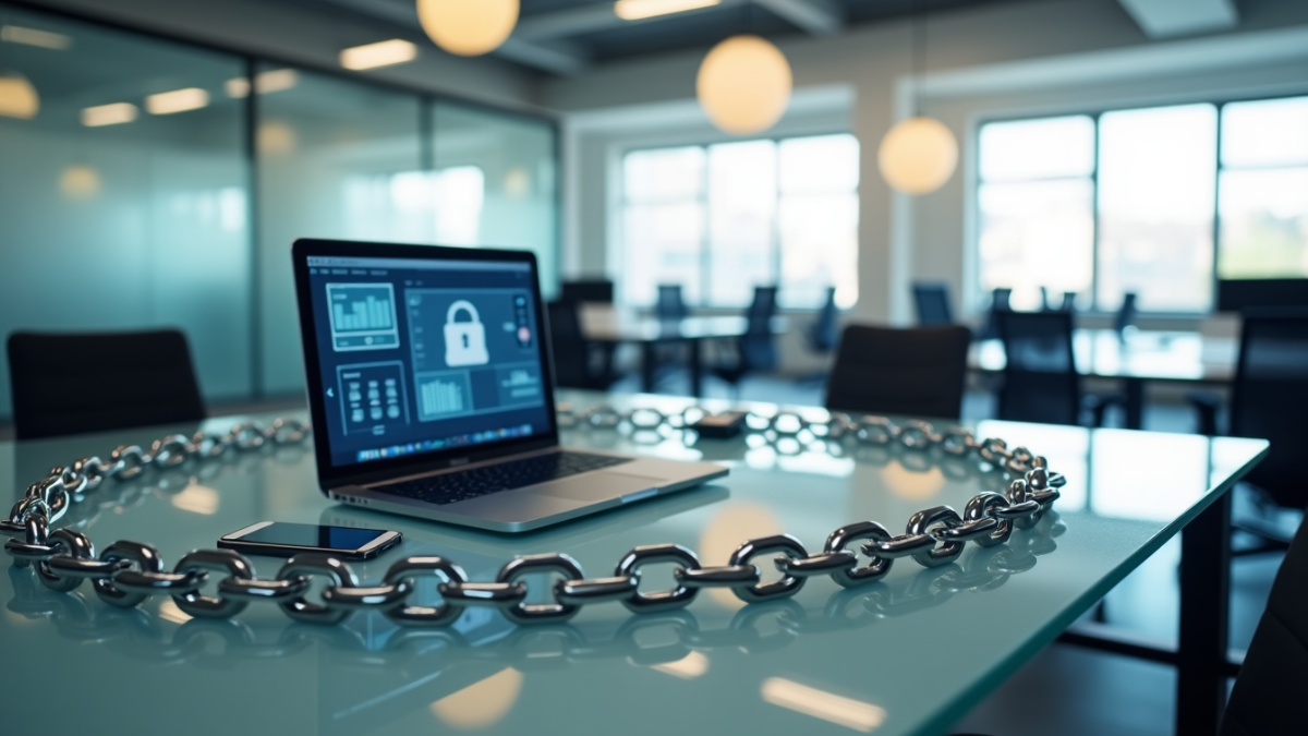 A laptop and smartphone encircled by a metal chain, symbolizing cybersecurity and zero trust architecture, in a modern office environment.
